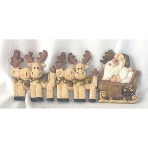 Hinged Resin Santa Claus and Reindeer Sleigh Whimsical Hand Carved Glitter Wood